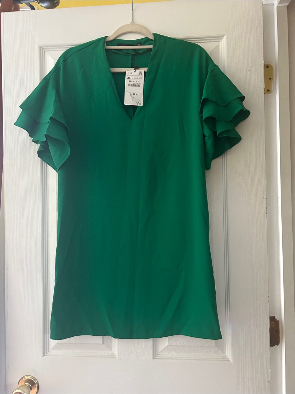 Zara Emerald Green Ruffle Sleeve V-Neck Blouse